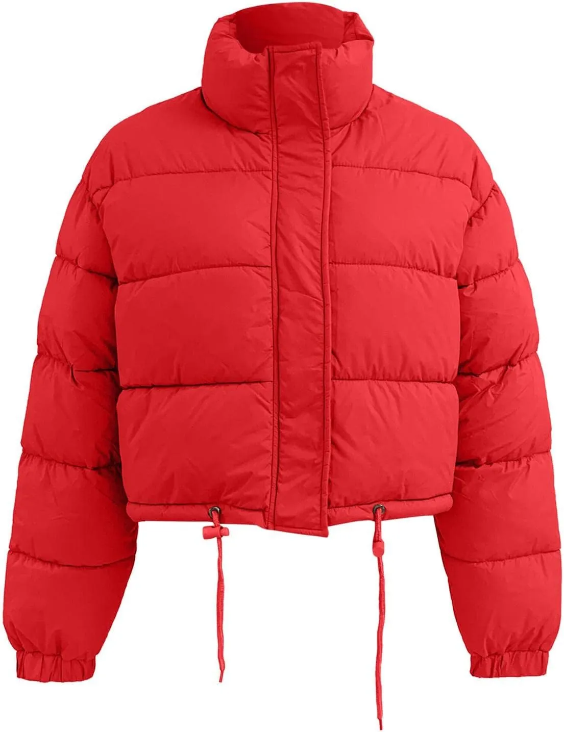 Puffer Jacket for Women Long Sleeve High Neck Full Zip Up Plain Short Down Coat Stand-up Collar Drawstring Autumn Windproof