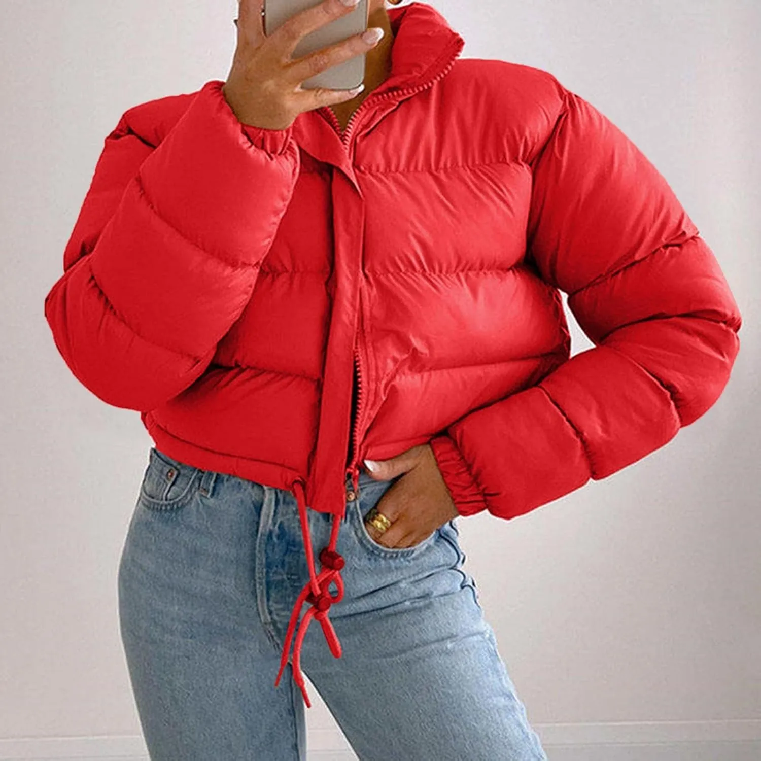 Puffer Jacket for Women Long Sleeve High Neck Full Zip Up Plain Short Down Coat Stand-up Collar Drawstring Autumn Windproof
