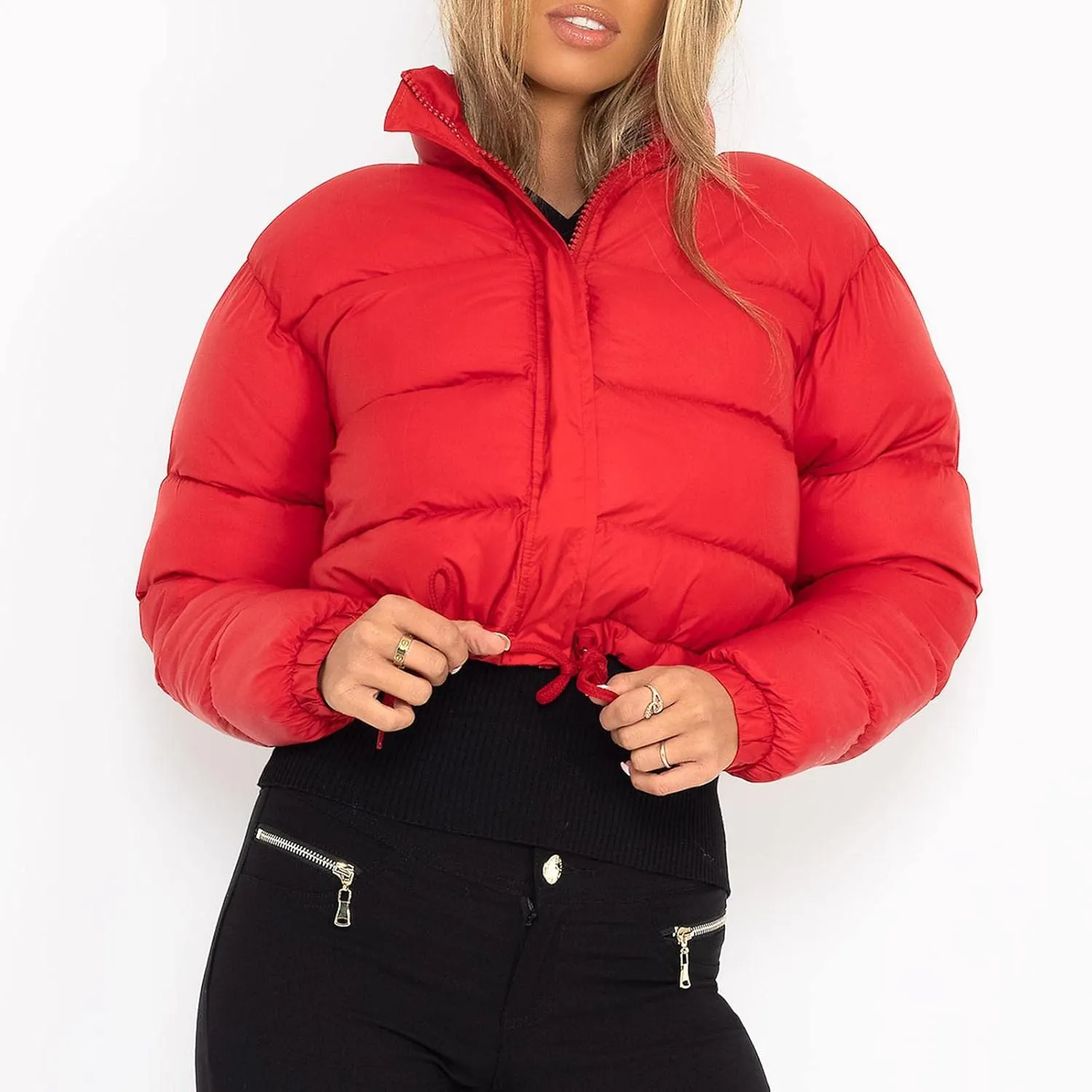 Puffer Jacket for Women Long Sleeve High Neck Full Zip Up Plain Short Down Coat Stand-up Collar Drawstring Autumn Windproof