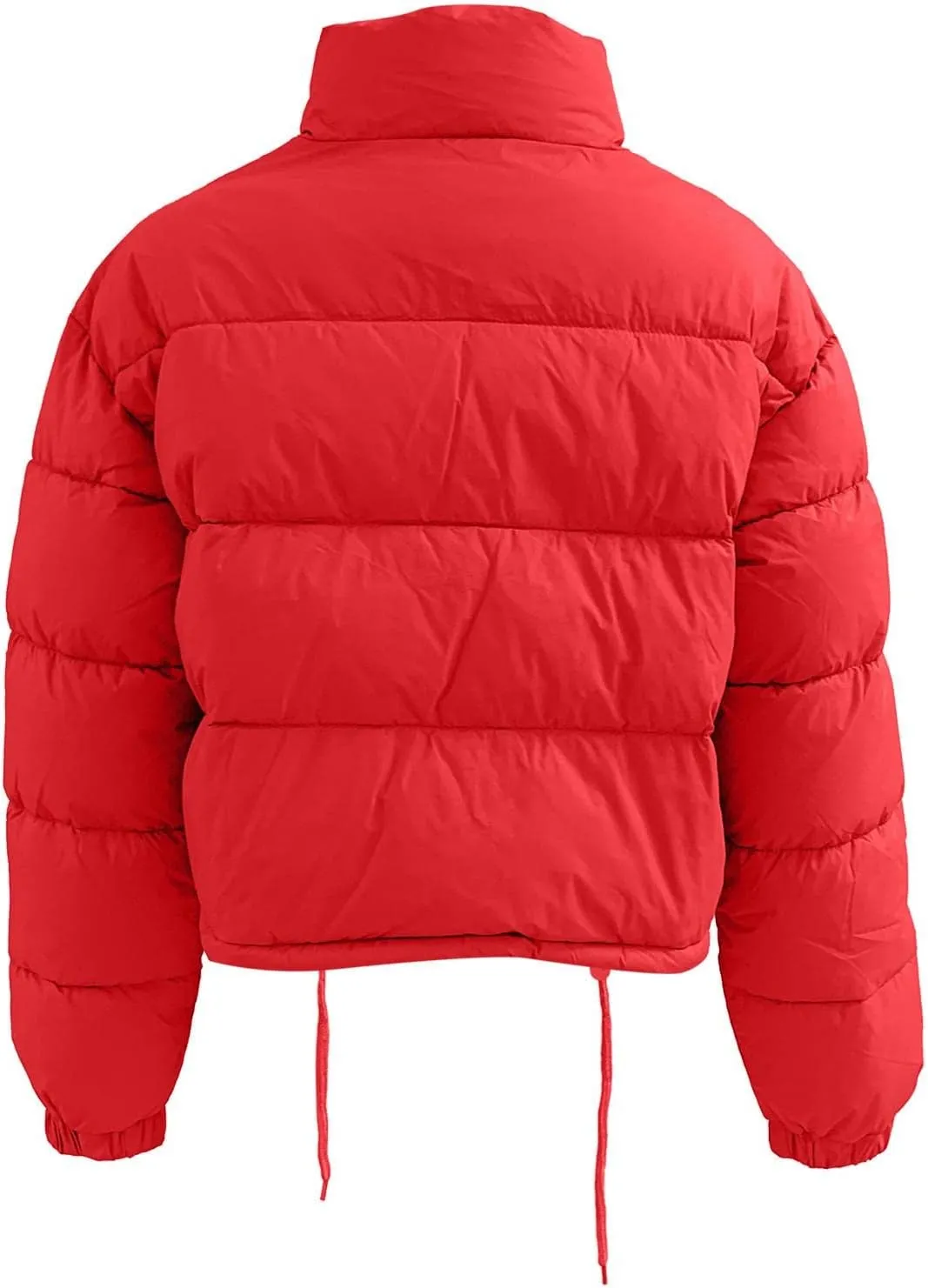 Puffer Jacket for Women Long Sleeve High Neck Full Zip Up Plain Short Down Coat Stand-up Collar Drawstring Autumn Windproof
