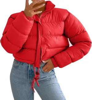 Puffer Jacket for Women Long Sleeve High Neck Full Zip Up Plain Short Down Coat Stand-up Collar Drawstring Autumn Windproof
