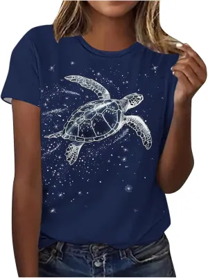 Sea Turtles Graphic Tops for Women Crewneck Short Sleeve Tshirts Summer Casual Trendy Blouses Beach Vacation Tees