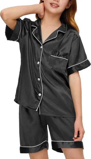 SEALINF Satin Girl Pajama Set 5 Piece Boy Button-up Silky Pjs Sleepwear Nightwear Loungewear With Eyemask