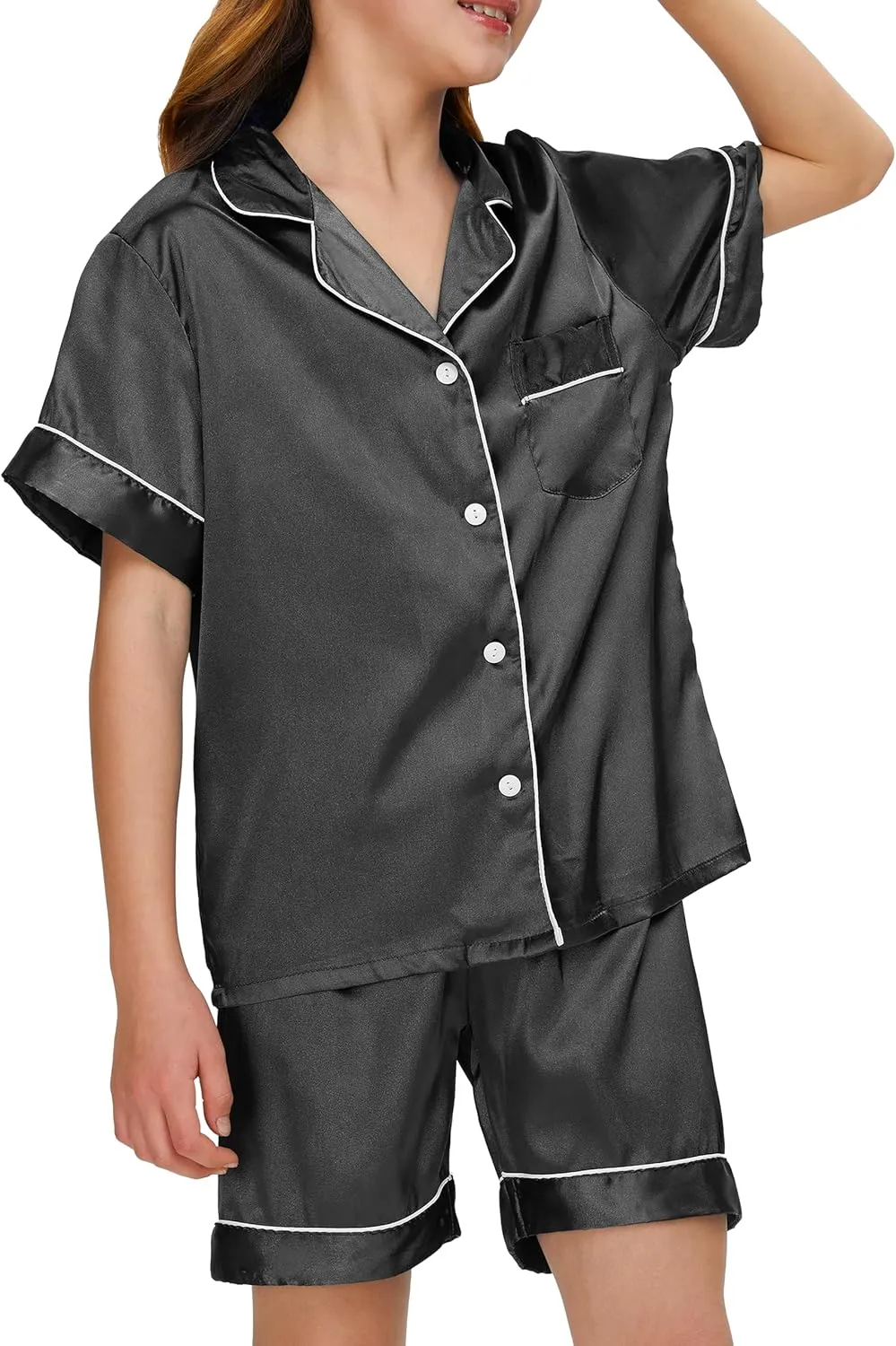 SEALINF Satin Girl Pajama Set 5 Piece Boy Button-up Silky Pjs Sleepwear Nightwear Loungewear With Eyemask