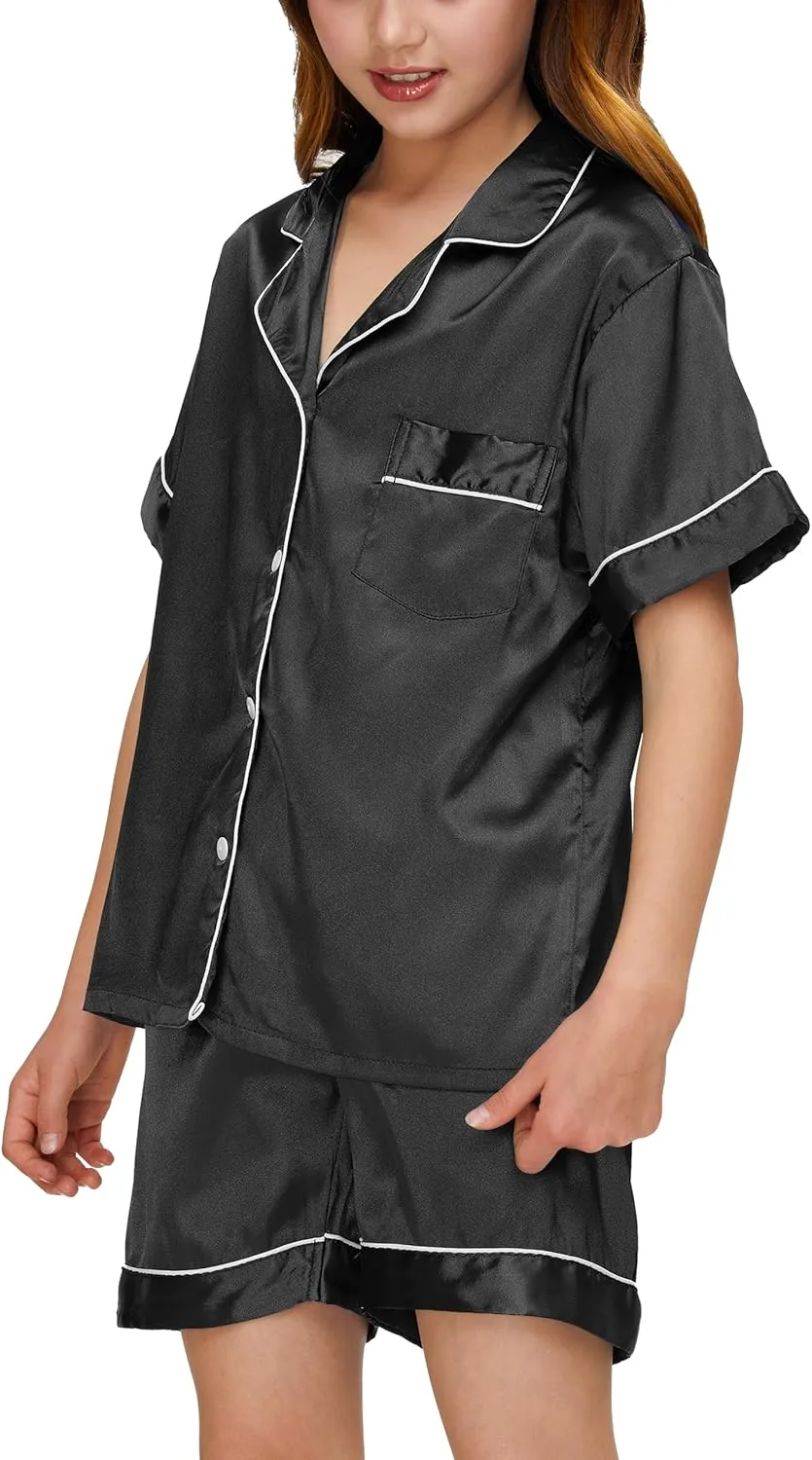 SEALINF Satin Girl Pajama Set 5 Piece Boy Button-up Silky Pjs Sleepwear Nightwear Loungewear With Eyemask