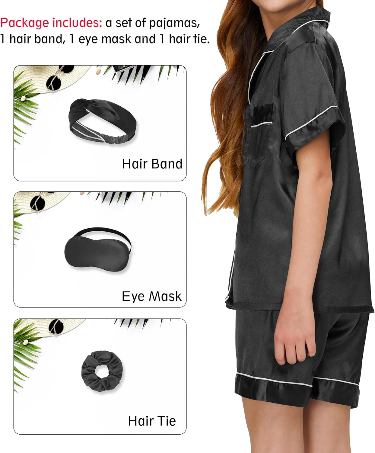 SEALINF Satin Girl Pajama Set 5 Piece Boy Button-up Silky Pjs Sleepwear Nightwear Loungewear With Eyemask