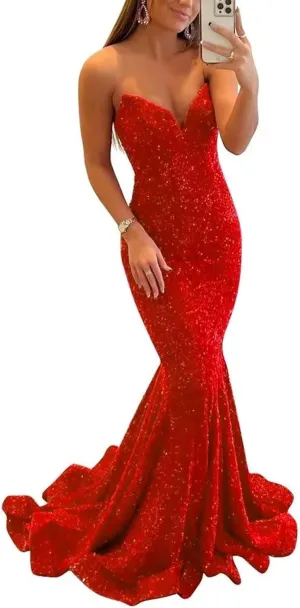 Sequin Prom Dresses for Women Mermaid Long Evening Gowns Sparkly V-Neck Formal Dress