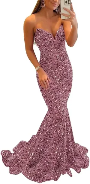 Sequin Prom Dresses for Women Mermaid Long Evening Gowns Sparkly V-Neck Formal Dress