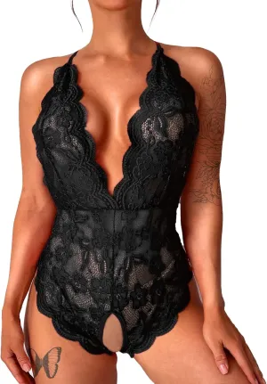 Sexy Lingerie for Women, Hollow Out Backless Floral Lace Bodysuit, One Piece Lingerie Deep V Teddy Babydoll