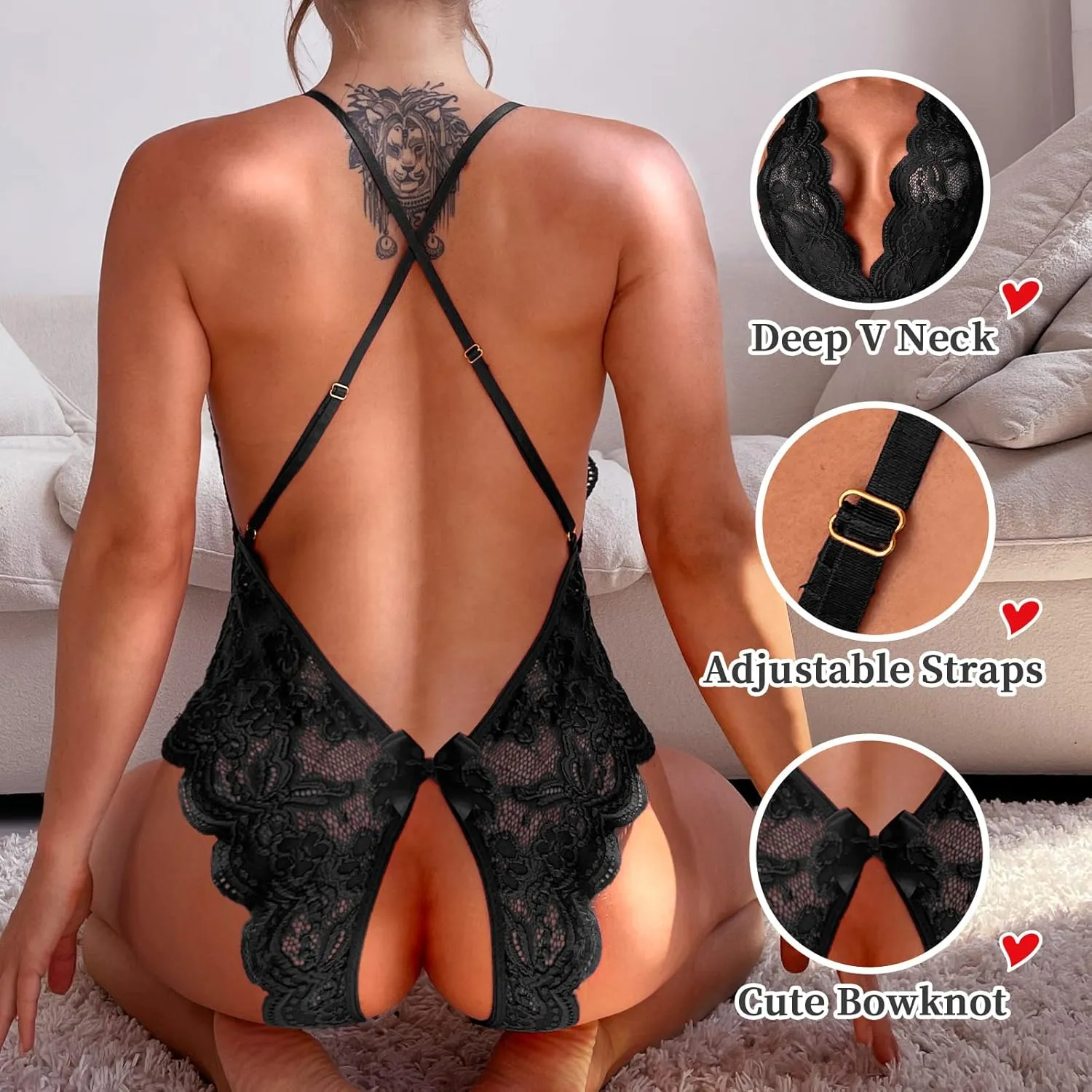 Sexy Lingerie for Women, Hollow Out Backless Floral Lace Bodysuit, One Piece Lingerie Deep V Teddy Babydoll