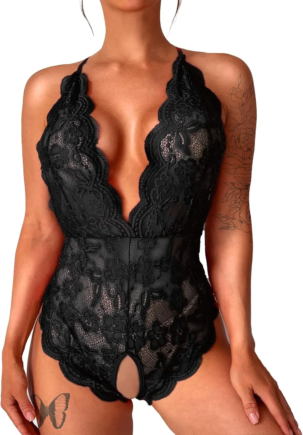 Sexy Lingerie for Women, Hollow Out Backless Floral Lace Bodysuit, One Piece Lingerie Deep V Teddy Babydoll