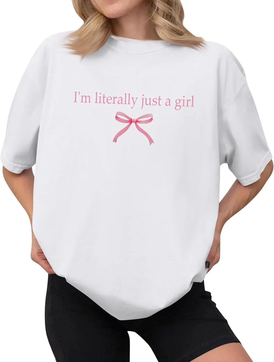 Short Sleeve Shirts for Women,2025 Summer Cute Trendy Pink Bow Print Going Out Tops,Casual Loose Crewneck Y2K Tees