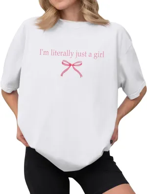 Short Sleeve Shirts for Women,2025 Summer Cute Trendy Pink Bow Print Going Out Tops,Casual Loose Crewneck Y2K Tees
