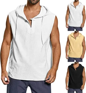 Sleeveless Hoodies for Men Summer Cotton Linen Tank Tops Casual Loose Beach Button Up Hooded Shirts Solid Baggy Tops