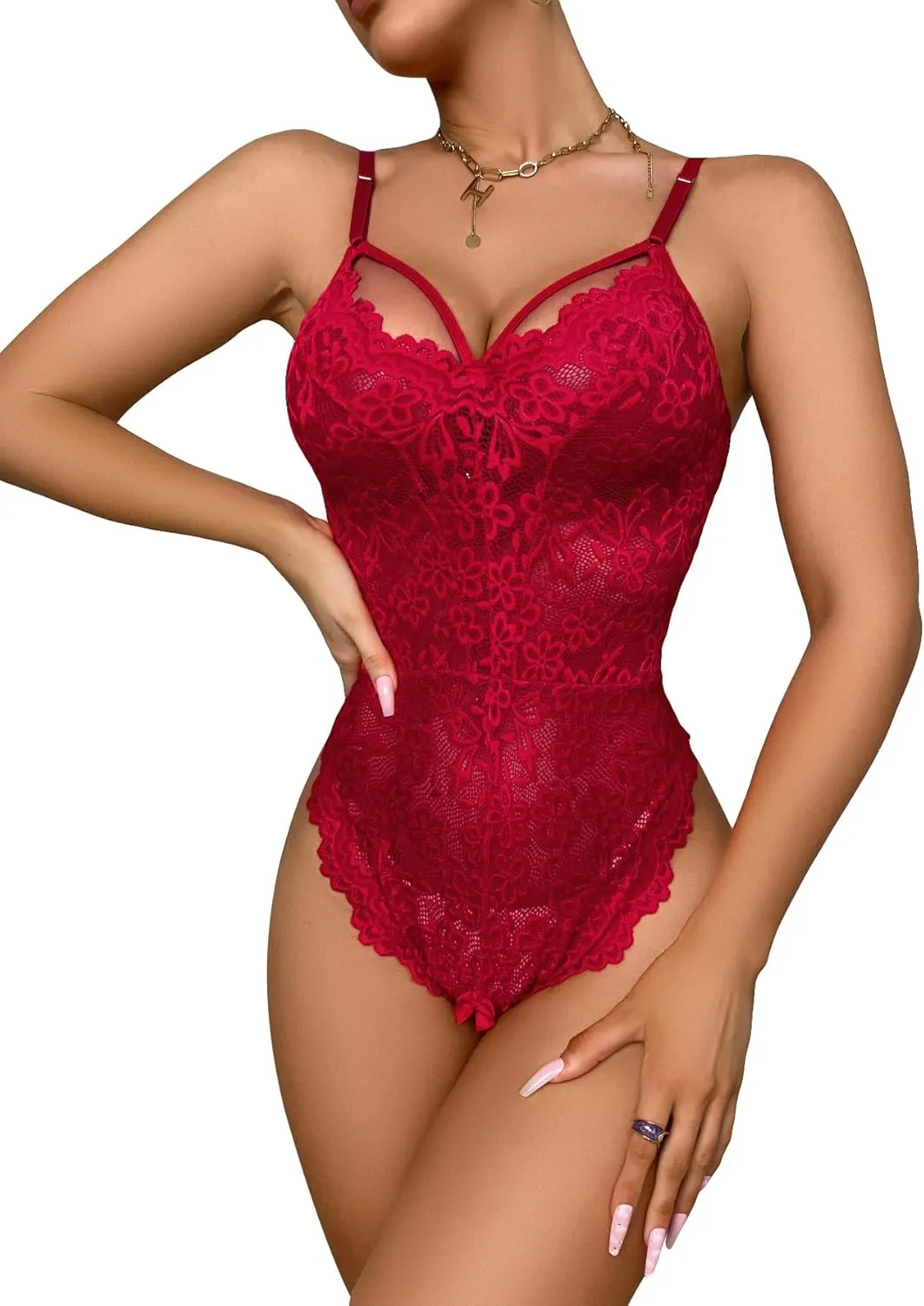 SOLY HUX Women's Tie Back Floral Lace Lingerie Teddy Bodysuit