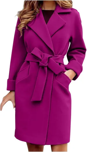 STYESH Womens Wrap Coats with Belt 2023 Fashion Overcoats Notched Lapel Trench Coats Winter Pea Coats Outerwear with Pockets