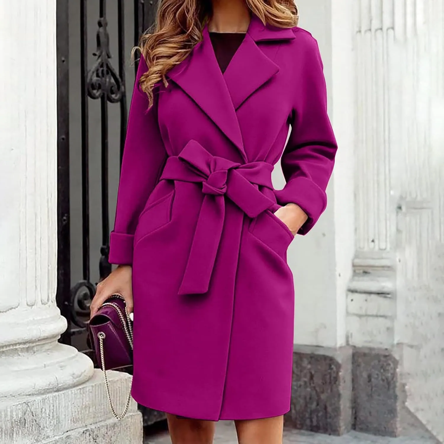 STYESH Womens Wrap Coats with Belt 2023 Fashion Overcoats Notched Lapel Trench Coats Winter Pea Coats Outerwear with Pockets