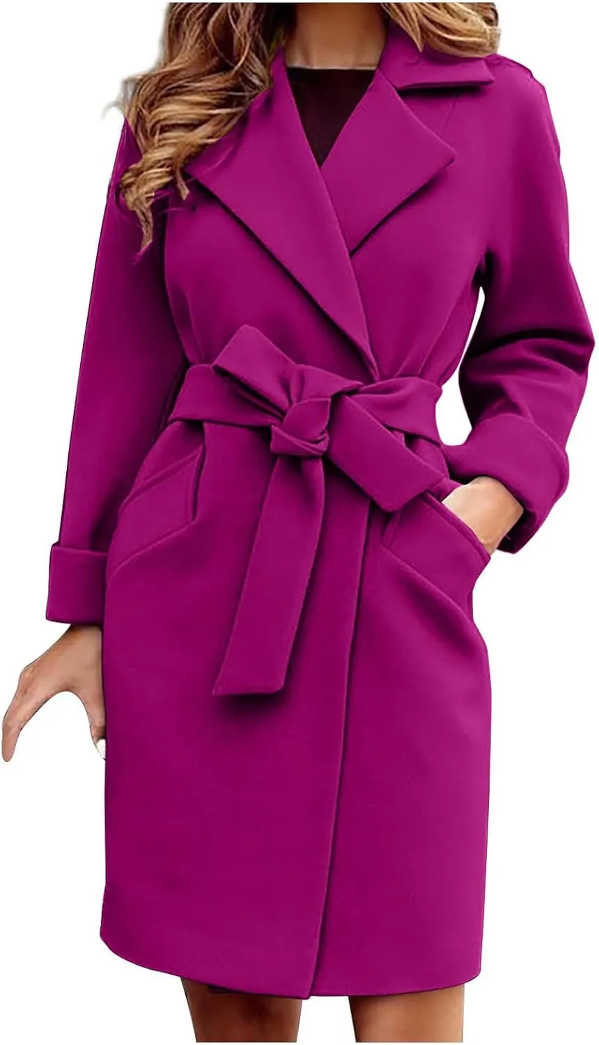 STYESH Womens Wrap Coats with Belt 2023 Fashion Overcoats Notched Lapel Trench Coats Winter Pea Coats Outerwear with Pockets