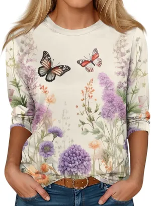 Summer Shirts for Women 3/4 Length Sleeve Crewneck Tops Trendy Loose Casual Printed Three Quarter Cute Blouse
