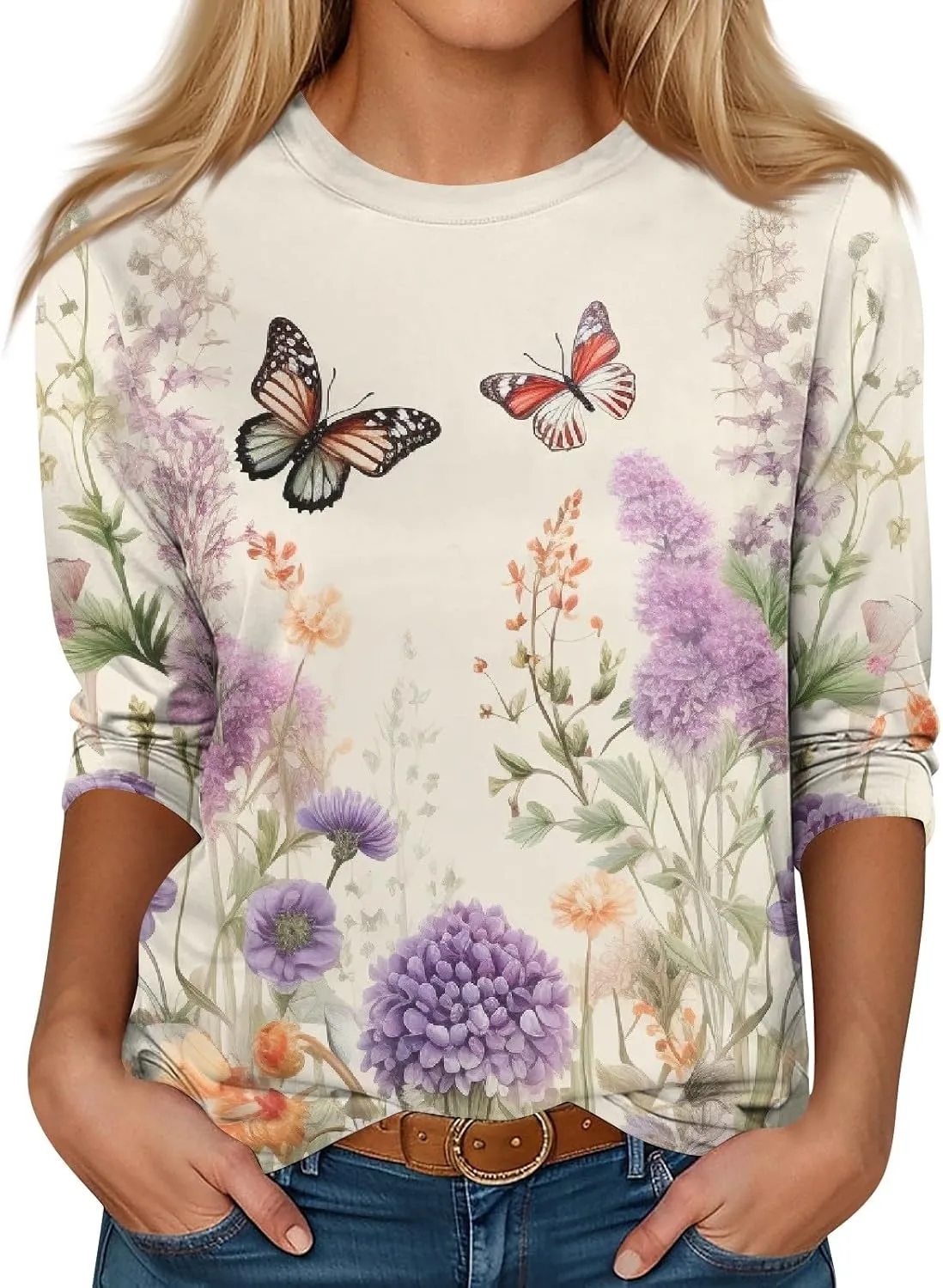 Summer Shirts for Women 3/4 Length Sleeve Crewneck Tops Trendy Loose Casual Printed Three Quarter Cute Blouse