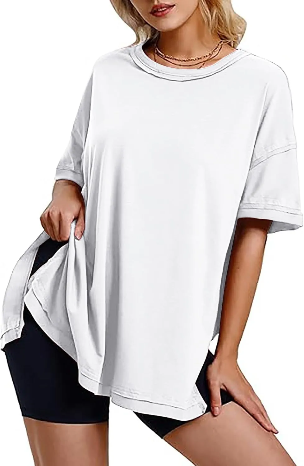 Summer Tops for Women 2025 Basic Versatile Casual Loose Plain Shirts Oversized Crewneck Lightweight Pullover Tee