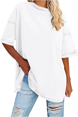 Summer Tops for Women 2025 Basic Versatile Casual Loose Plain Shirts Oversized Crewneck Lightweight Pullover Tee