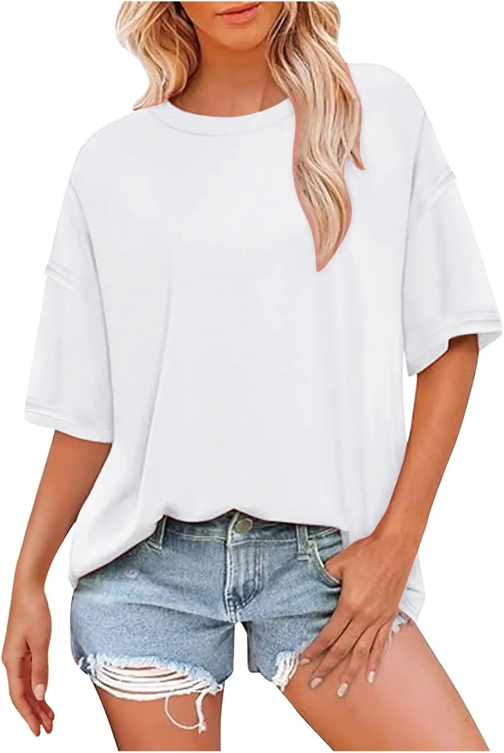 Summer Tops for Women 2025 Basic Versatile Casual Loose Plain Shirts Oversized Crewneck Lightweight Pullover Tee