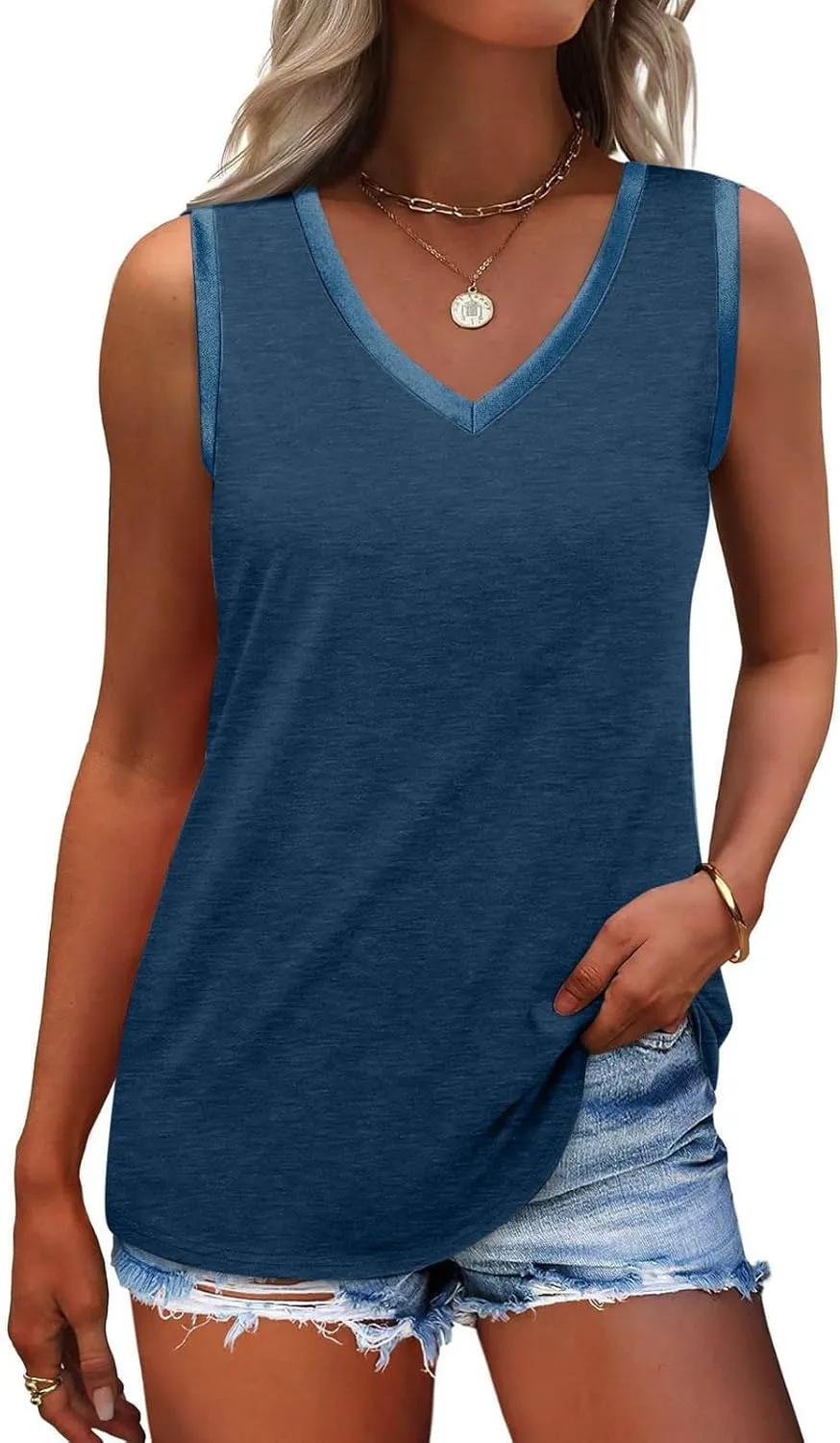 Summer Tops for Women Summer V Neck Tank Top Beach Vacation Clothes Shiny Trim Loose Fit Casual Sleeveless Shirts