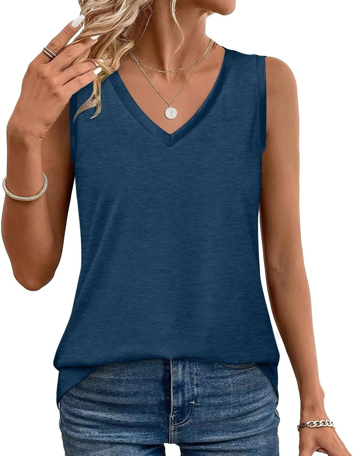 Summer Tops for Women Summer V Neck Tank Top Beach Vacation Clothes Shiny Trim Loose Fit Casual Sleeveless Shirts