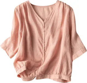 Summer Women Crop Sleeve Cotton Linen Tops 2024 Trendy Baggy T Shirt V-Neck Button-Down Shirts Casual Breathable Blouse
