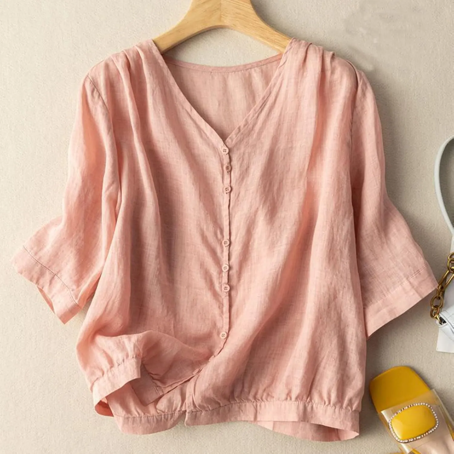 Summer Women Crop Sleeve Cotton Linen Tops 2024 Trendy Baggy T Shirt V-Neck Button-Down Shirts Casual Breathable Blouse