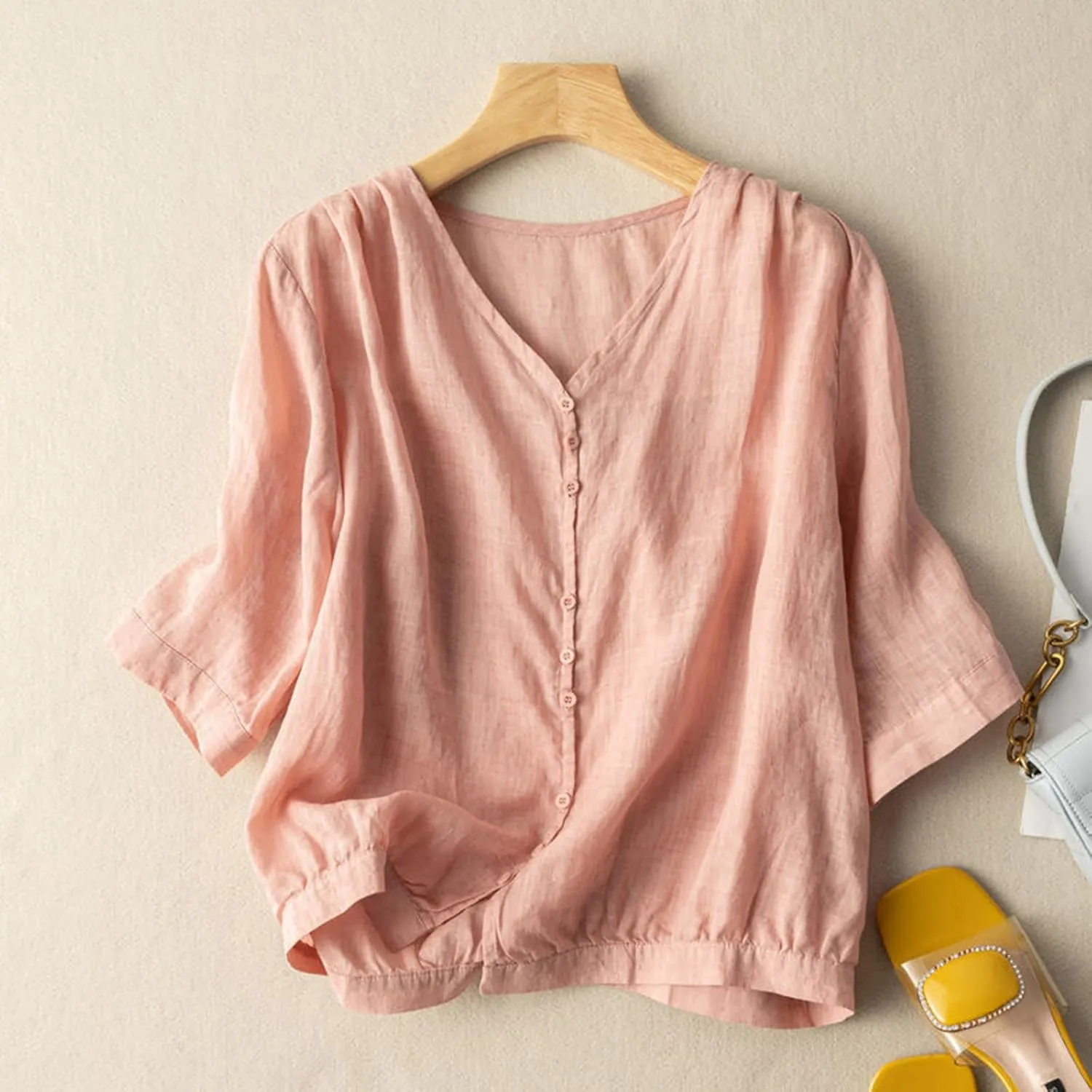 Summer Women Crop Sleeve Cotton Linen Tops 2024 Trendy Baggy T Shirt V-Neck Button-Down Shirts Casual Breathable Blouse