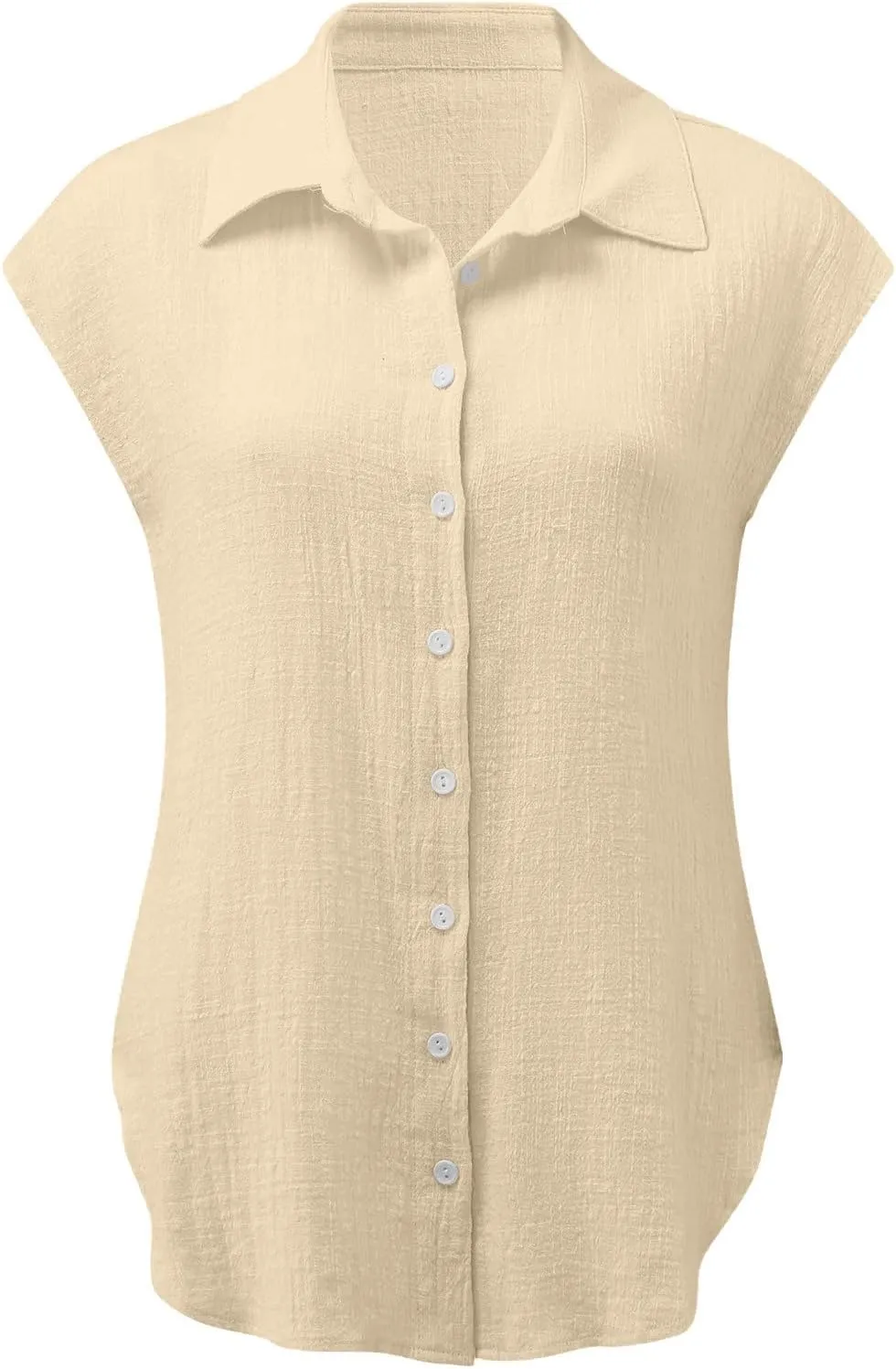 Summer Womens Button Down Cotton Linen Shirts V Neck Cap Sleeve Tank Blouses Loose Collared Shirt Casual Work Tops
