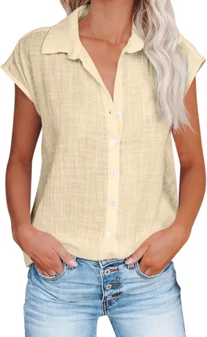 Summer Womens Button Down Cotton Linen Shirts V Neck Cap Sleeve Tank Blouses Loose Collared Shirt Casual Work Tops