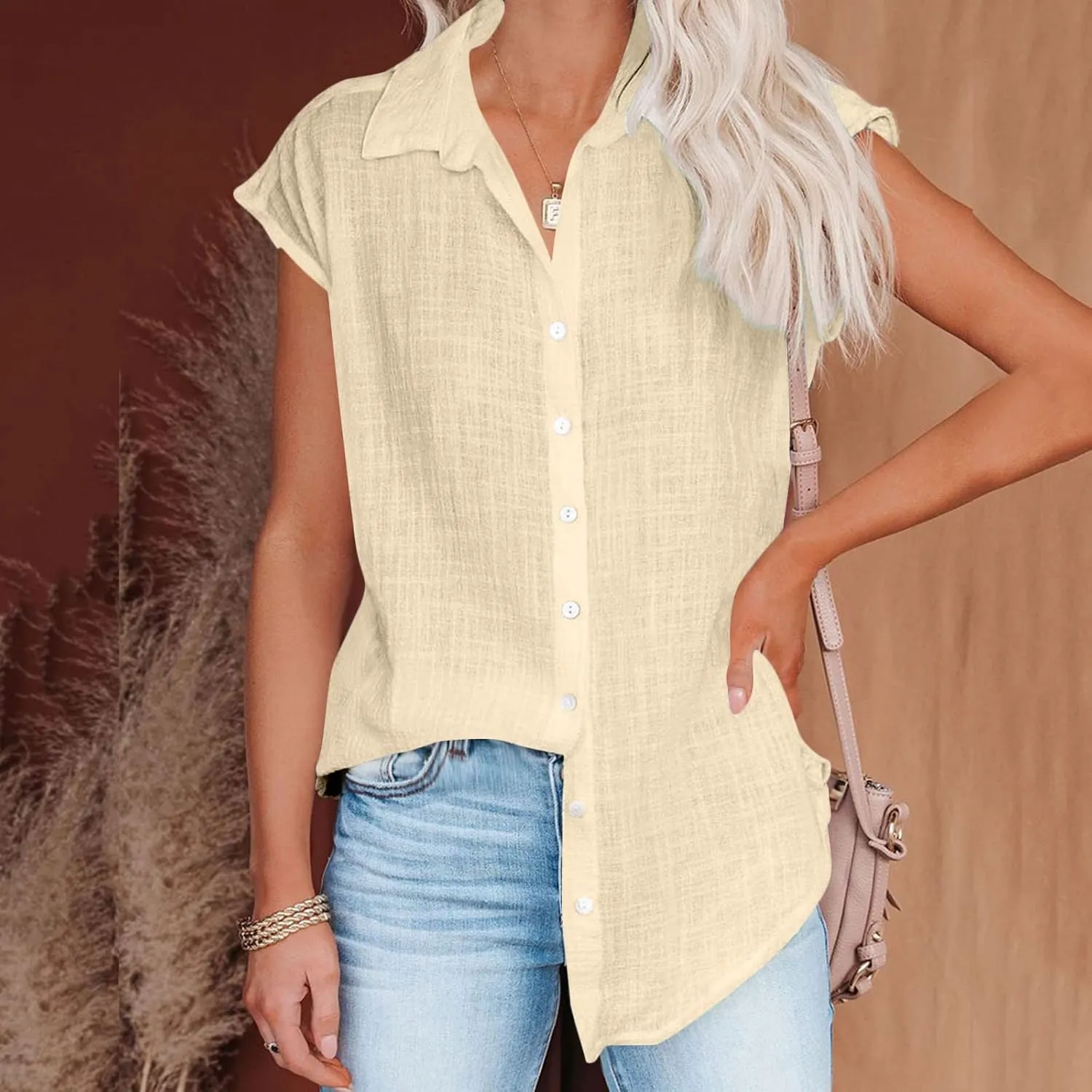Summer Womens Button Down Cotton Linen Shirts V Neck Cap Sleeve Tank Blouses Loose Collared Shirt Casual Work Tops