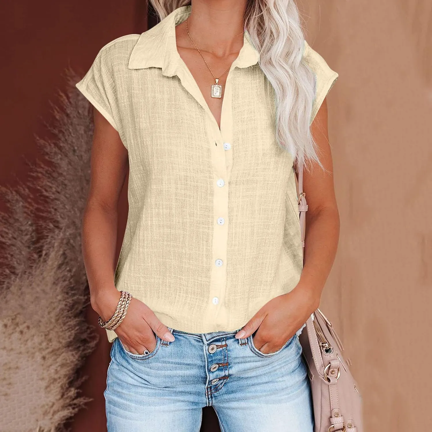 Summer Womens Button Down Cotton Linen Shirts V Neck Cap Sleeve Tank Blouses Loose Collared Shirt Casual Work Tops