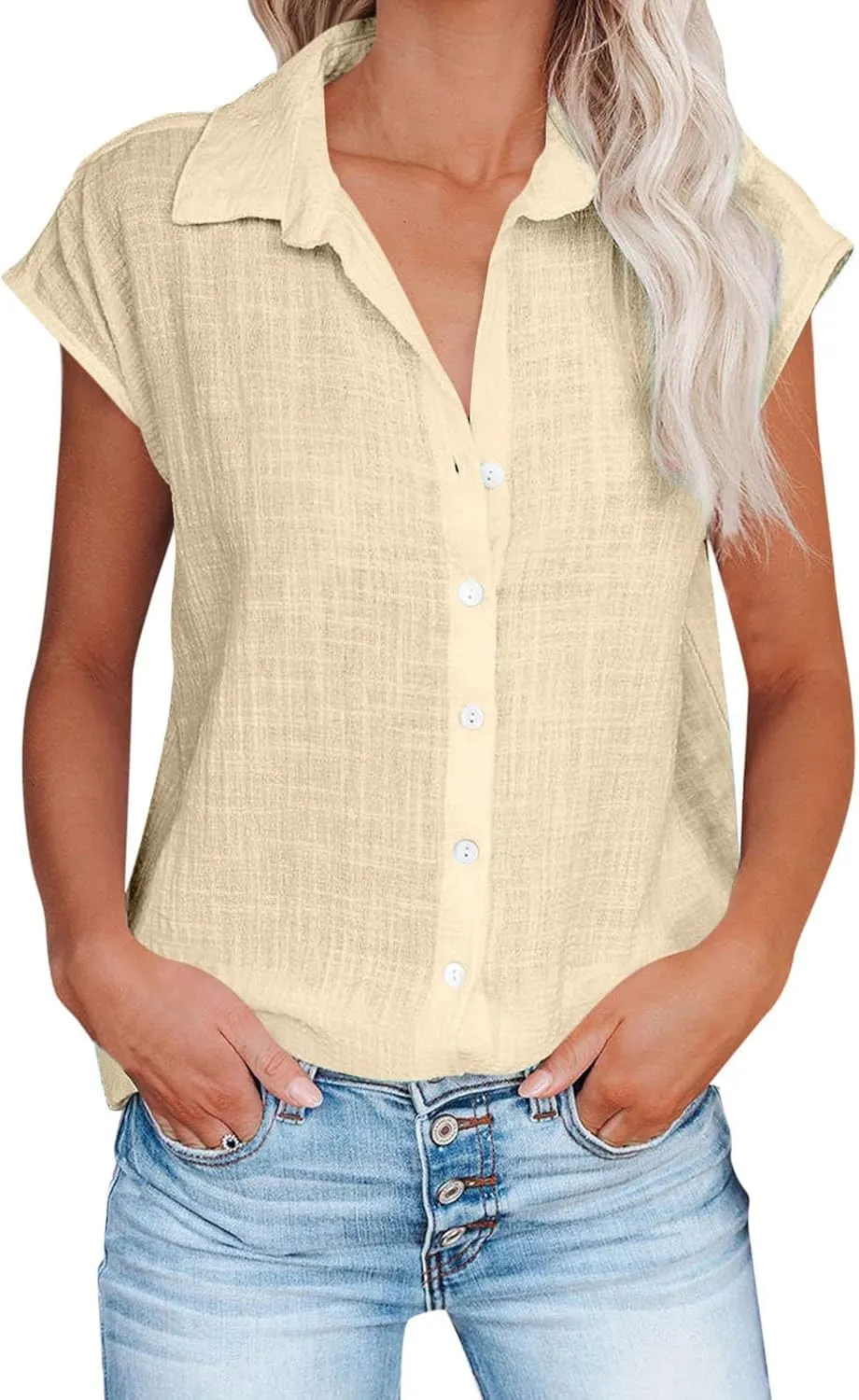 Summer Womens Button Down Cotton Linen Shirts V Neck Cap Sleeve Tank Blouses Loose Collared Shirt Casual Work Tops