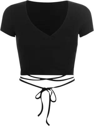 Summer Women's Sexy Wrap V Neck Short Sleeve Shirts Slim Fit Criss Cross Tie Front Crop Tops Going Out Tee