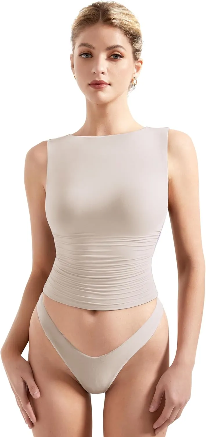 SUUKSESS Women Double Lined Going Out Basic Tank Tops Ruched Summer T Shirts