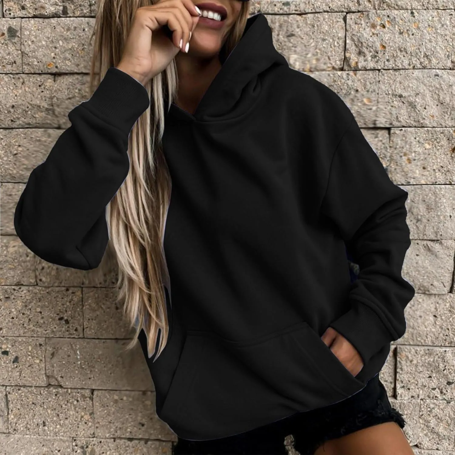 Sweatshirt for Women Trendy Oversized Long Sleeve Solid Color Hoodies Drawstring Drop Shoulder Plus Size Casual Hoodie