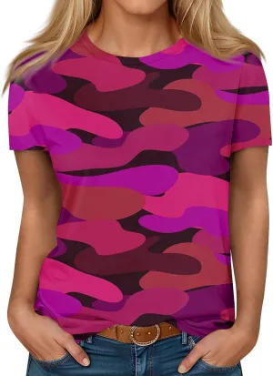 T Shirts for Women Camouflage Print Cute Going Out Tops Short Sleeve Crew Neck Shirts Blouses Casual Clothes Trendy S-5xl