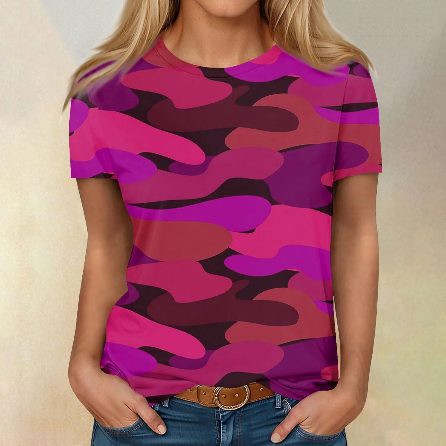 T Shirts for Women Camouflage Print Cute Going Out Tops Short Sleeve Crew Neck Shirts Blouses Casual Clothes Trendy S-5xl
