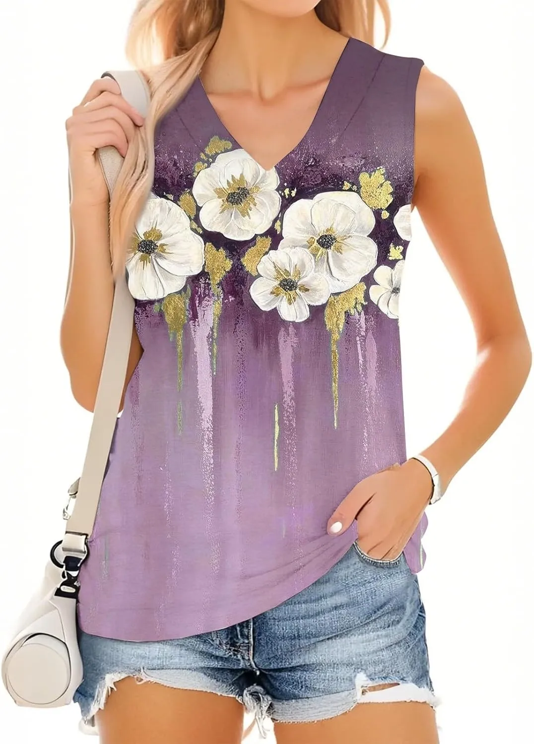 Tank Tops for Women 2025 Sleeveless V Neck Summer Causal Loose Fit Tops Trendy Tanks Cute Printed Tunic Blouses