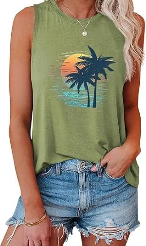 Tank Tops Women Palm Trees Beach Tank Tops Hawaiian Graphic Tees Summer Sleeveless Shirts Vintage Vacation T-Shirt