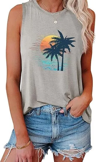Tank Tops Women Palm Trees Beach Tank Tops Hawaiian Graphic Tees Summer Sleeveless Shirts Vintage Vacation T-Shirt