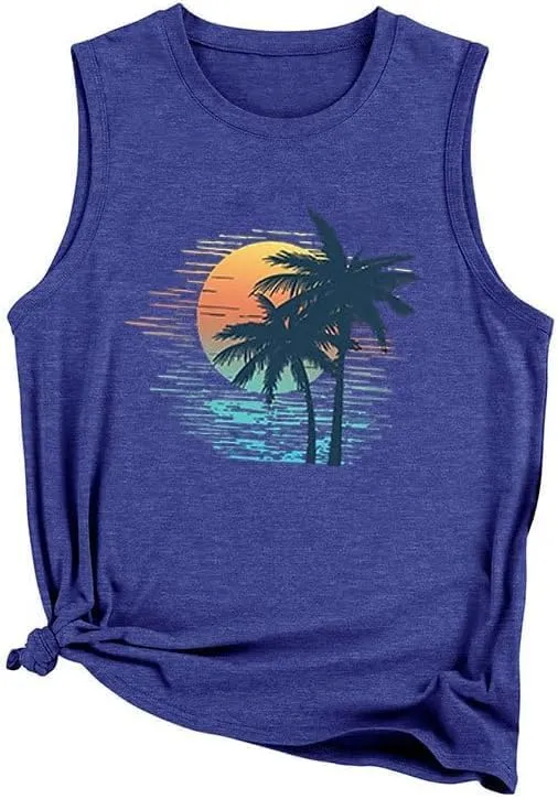 Tank Tops Women Palm Trees Beach Tank Tops Hawaiian Graphic Tees Summer Sleeveless Shirts Vintage Vacation T-Shirt