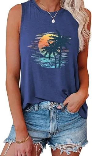 Tank Tops Women Palm Trees Beach Tank Tops Hawaiian Graphic Tees Summer Sleeveless Shirts Vintage Vacation T-Shirt
