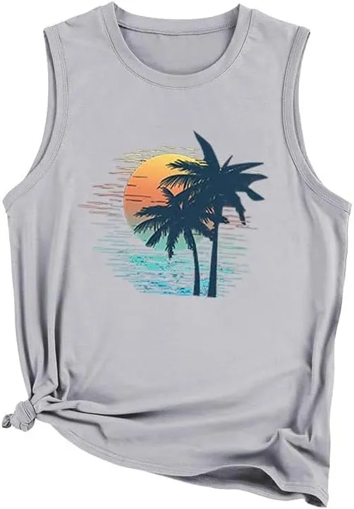 Tank Tops Women Palm Trees Beach Tank Tops Hawaiian Graphic Tees Summer Sleeveless Shirts Vintage Vacation T-Shirt