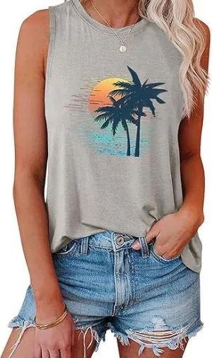Tank Tops Women Palm Trees Beach Tank Tops Hawaiian Graphic Tees Summer Sleeveless Shirts Vintage Vacation T-Shirt