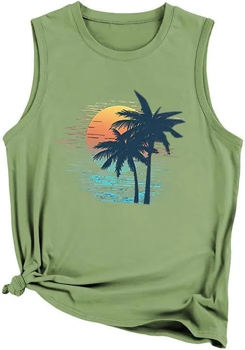 Tank Tops Women Palm Trees Beach Tank Tops Hawaiian Graphic Tees Summer Sleeveless Shirts Vintage Vacation T-Shirt